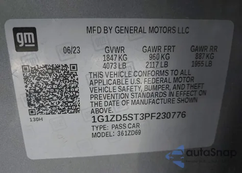 2023 Chevrolet Malibu Fwd 1Lt z USA, uszkodzony, nr VIN 1G1ZD5ST3PF230776